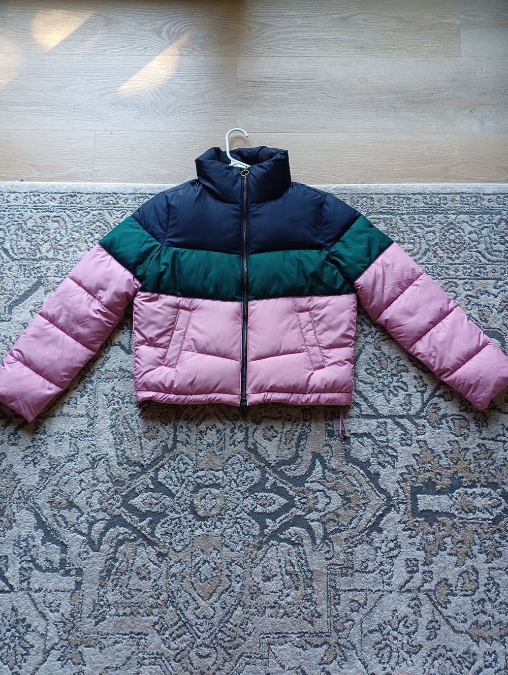 Women's Colorblock Puffer Jacket - Pink/Green/Dark Navy